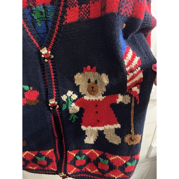 VTG PBJ Sport Sweater School Days Teddy Bears Large Cotton Blend Cardigan Red - Picture 3 of 7